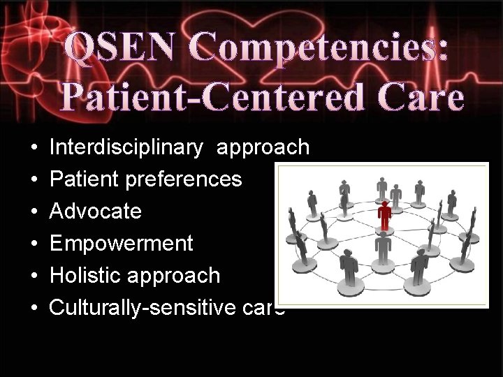 QSEN Competencies: Patient-Centered Care • • • Interdisciplinary approach Patient preferences Advocate Empowerment Holistic