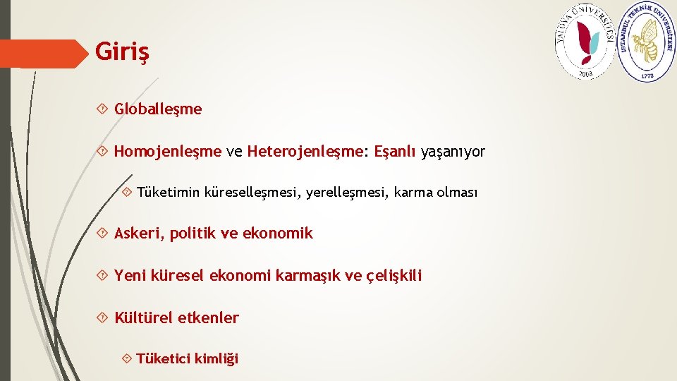 Giriş Globalleşme Homojenleşme ve Heterojenleşme: Eşanlı yaşanıyor Tüketimin küreselleşmesi, yerelleşmesi, karma olması Askeri, politik