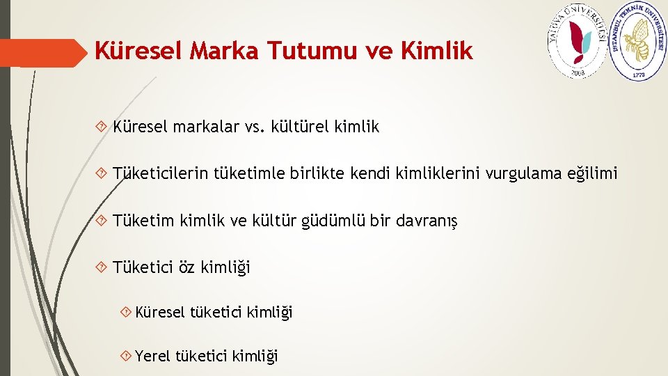 Küresel Marka Tutumu ve Kimlik Küresel markalar vs. kültürel kimlik Tüketicilerin tüketimle birlikte kendi