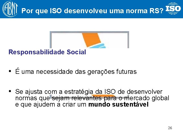 Por que ISO desenvolveu uma norma RS? Responsabilidade Social • É uma necessidade das