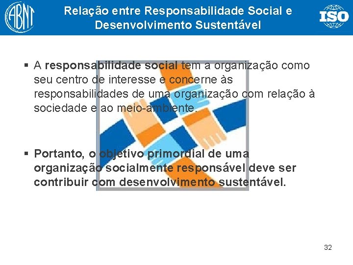 Relação entre Responsabilidade Social e Desenvolvimento Sustentável § A responsabilidade social tem a organização