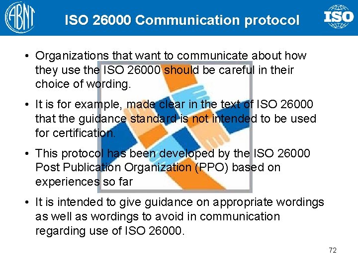 ISO 26000 Communication protocol • Organizations that want to communicate about how they use