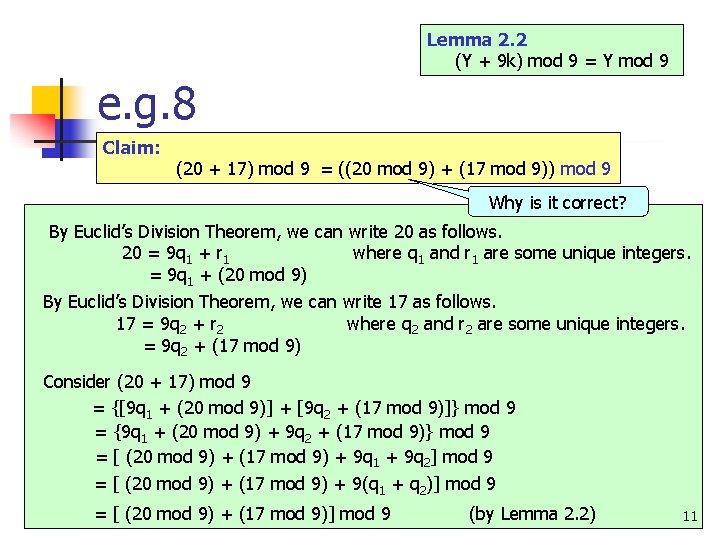 Lemma 2. 2 (Y + 9 k) mod 9 = Y mod 9 e.