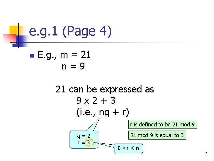 e. g. 1 (Page 4) n E. g. , m = 21 n=9 21