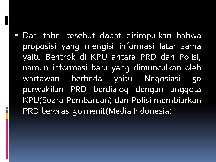  Dari tabel tesebut dapat disimpulkan bahwa proposisi yang mengisi informasi latar sama yaitu
