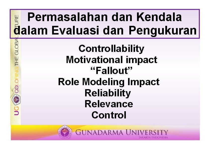 Permasalahan dan Kendalam Evaluasi dan Pengukuran Controllability Motivational impact “Fallout” Role Modeling Impact Reliability