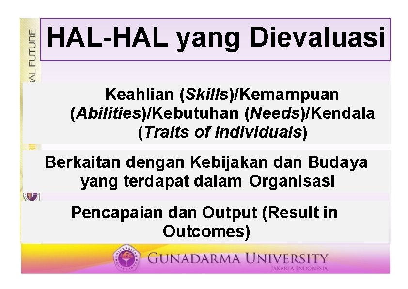 HAL-HAL yang Dievaluasi Keahlian (Skills)/Kemampuan (Abilities)/Kebutuhan (Needs)/Kendala (Traits of Individuals) Berkaitan dengan Kebijakan dan