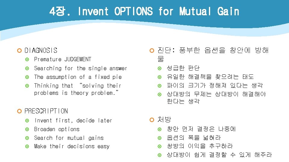 4장. Invent OPTIONS for Mutual Gain ¢ DIAGNOSIS ¤ Premature JUDGEMENT ¤ Searching for