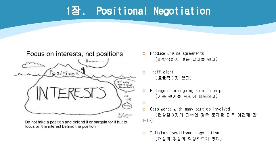 1장. Positional Negotiation ¢ Produce unwise agreements (바람직하지 않은 결과를 낸다) ¢ Inefficient (효율적이지