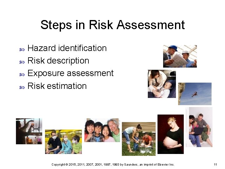 Steps in Risk Assessment Hazard identification Risk description Exposure assessment Risk estimation Copyright ©