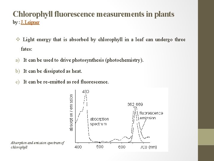 Chlorophyll fluorescence measurements in plants by : J. Leipner v Light energy that is