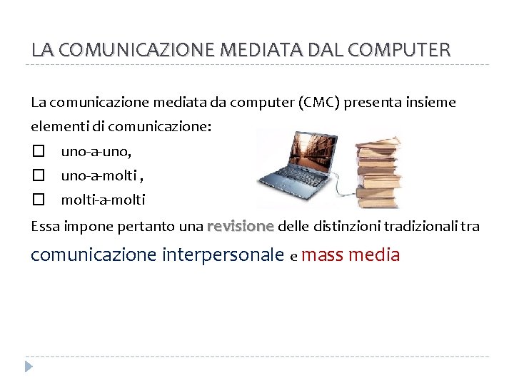 LA COMUNICAZIONE MEDIATA DAL COMPUTER La comunicazione mediata da computer (CMC) presenta insieme elementi