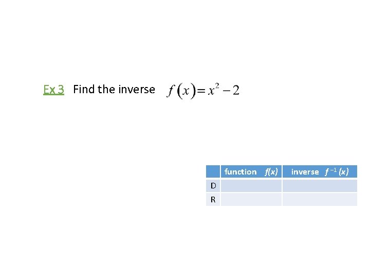 Ex 3 Find the inverse function f(x) D R inverse f – 1 (x)
