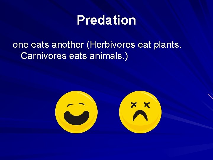 Predation one eats another (Herbivores eat plants. Carnivores eats animals. ) 