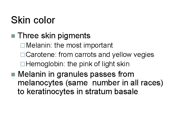 Skin color n Three skin pigments ¨ Melanin: the most important ¨ Carotene: from