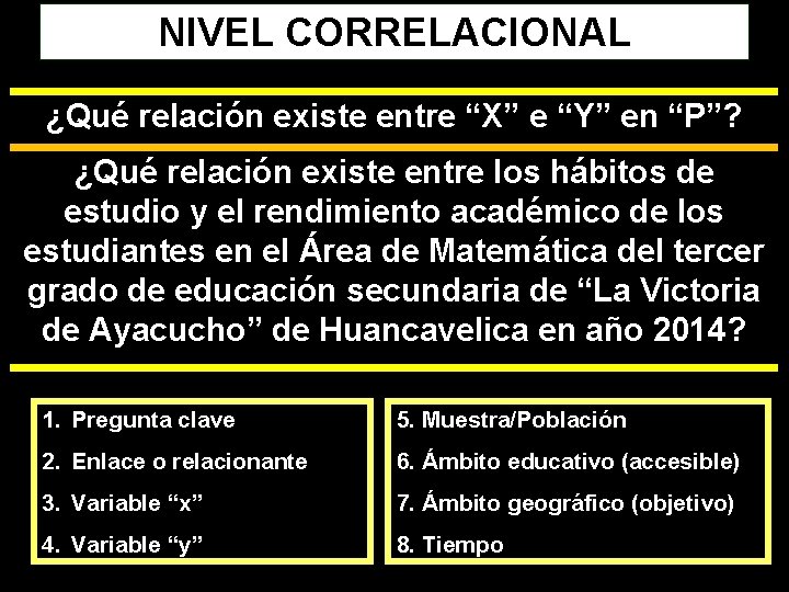 NIVEL CORRELACIONAL ¿Qué relación existe entre “X” e “Y” en “P”? ¿Qué relación existe