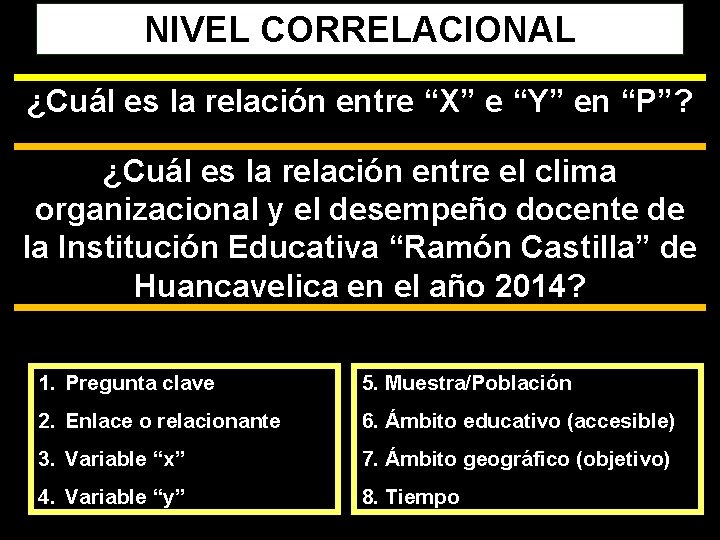 NIVEL CORRELACIONAL ¿Cuál es la relación entre “X” e “Y” en “P”? ¿Cuál es NIVEL CORRELACIONAL ¿Cuál es la relación entre “X” e “Y” en “P”? ¿Cuál es