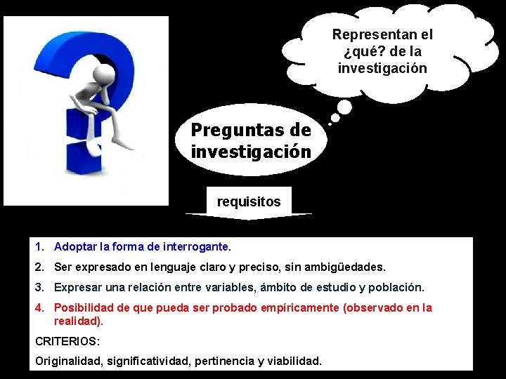 Representan el ¿qué? de la investigación Preguntas de investigación requisitos 1. Adoptar la forma