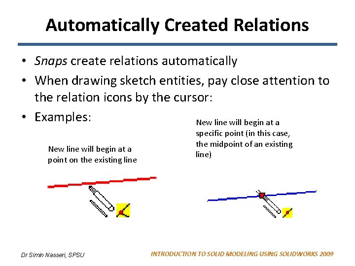 Automatically Created Relations • Snaps create relations automatically • When drawing sketch entities, pay