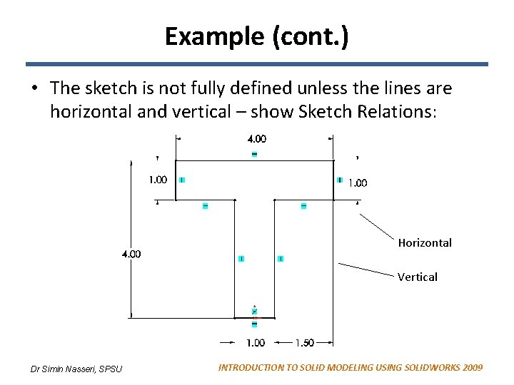 Example (cont. ) • The sketch is not fully defined unless the lines are