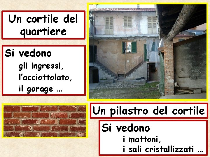 Un cortile del quartiere Si vedono gli ingressi, l’acciottolato, il garage … Un pilastro