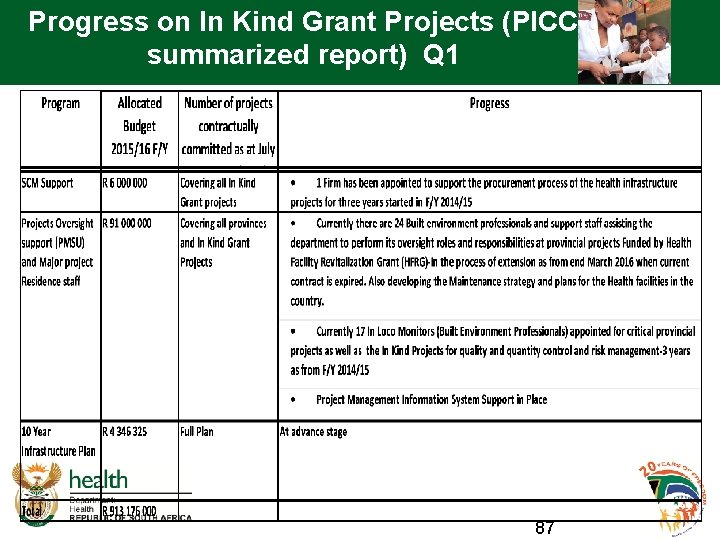 Progress on In Kind Grant Projects (PICC summarized report) Q 1 87 