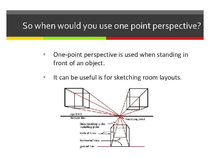 So when would you use one point perspective? One-point perspective is used when standing