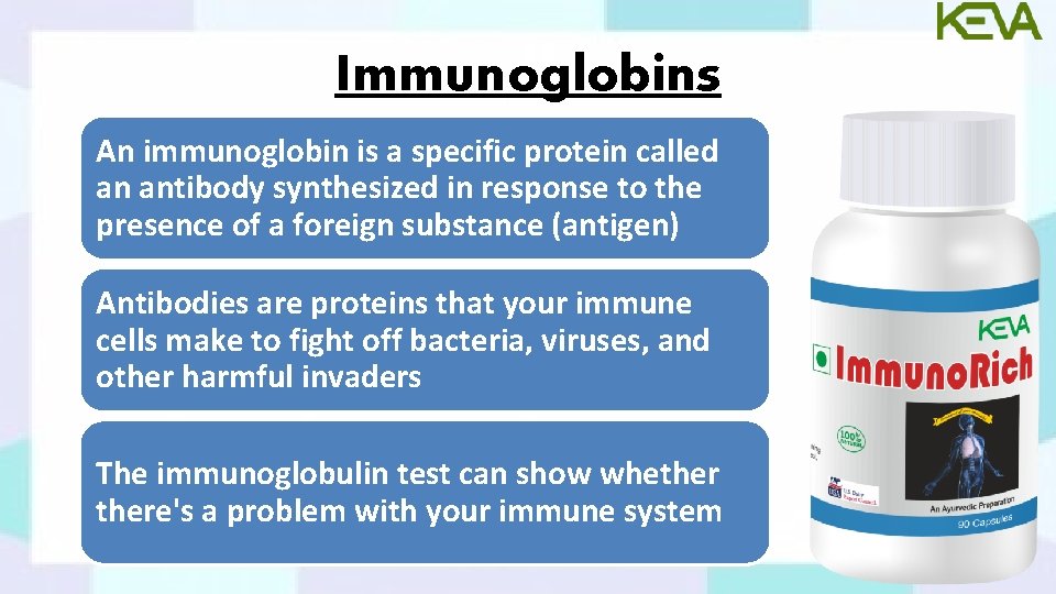 Immunoglobins An immunoglobin is a specific protein called an antibody synthesized in response to