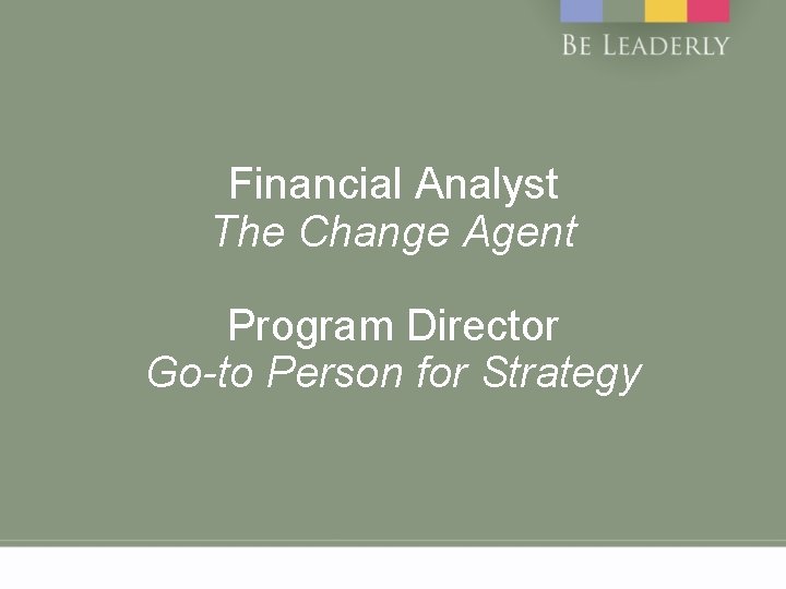 Financial Analyst The Change Agent Program Director Go-to Person for Strategy 