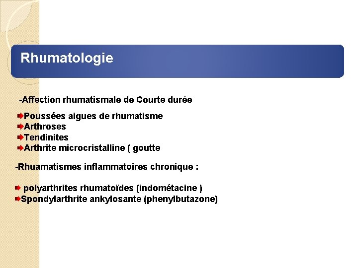 Rhumatologie -Affection rhumatismale de Courte durée Poussées aigues de rhumatisme Arthroses Tendinites Arthrite microcristalline