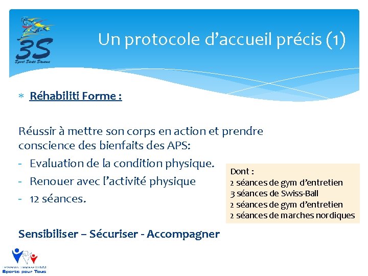 Un protocole d’accueil précis (1) Réhabiliti Forme : Réussir à mettre son corps en