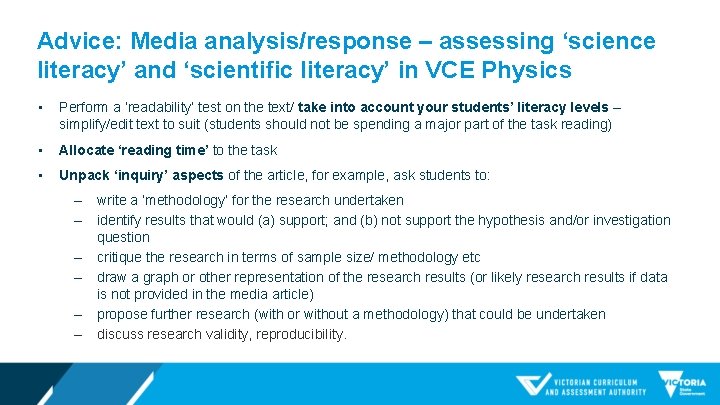 Advice: Media analysis/response – assessing ‘science literacy’ and ‘scientific literacy’ in VCE Physics •