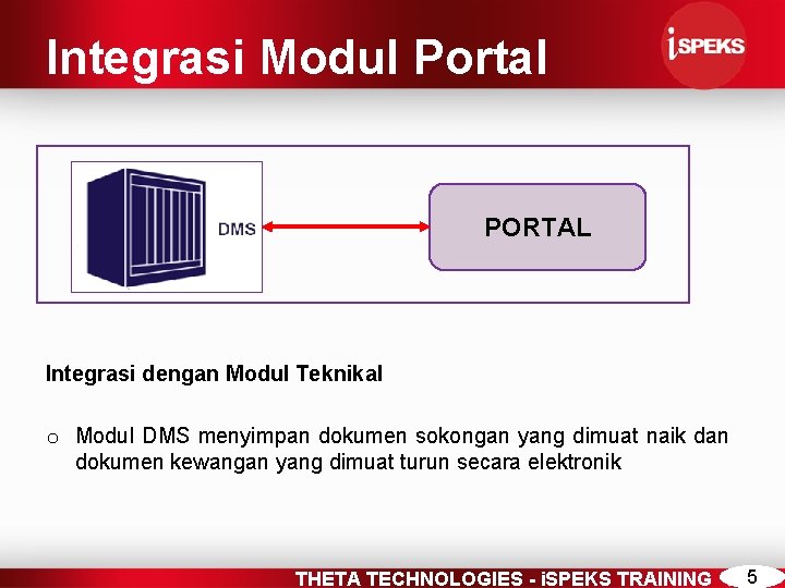 Integrasi Modul Portal PORTAL Integrasi dengan Modul Teknikal o Modul DMS menyimpan dokumen sokongan
