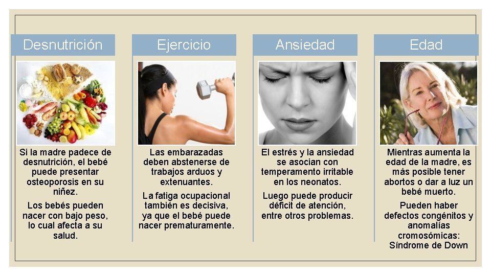 Desnutrición Si la madre padece de desnutrición, el bebé puede presentar osteoporosis en su