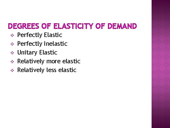DEGREES OF ELASTICITY OF DEMAND v v v Perfectly Elastic Perfectly Inelastic Unitary Elastic