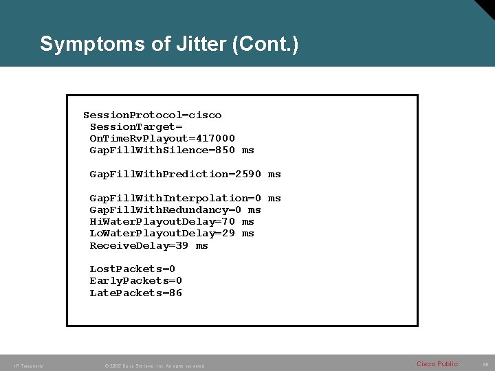 Symptoms of Jitter (Cont. ) Session. Protocol=cisco Session. Target= On. Time. Rv. Playout=417000 Gap. Symptoms of Jitter (Cont. ) Session. Protocol=cisco Session. Target= On. Time. Rv. Playout=417000 Gap.