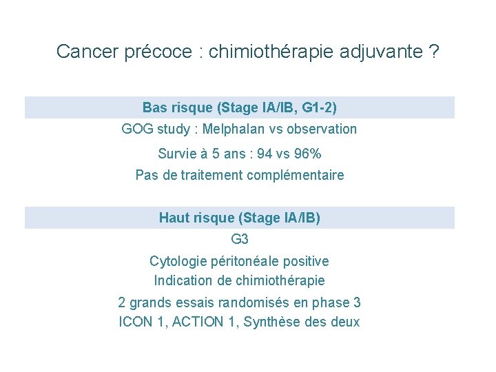 Cancer précoce : chimiothérapie adjuvante ? Bas risque (Stage IA/IB, G 1 -2) GOG Cancer précoce : chimiothérapie adjuvante ? Bas risque (Stage IA/IB, G 1 -2) GOG