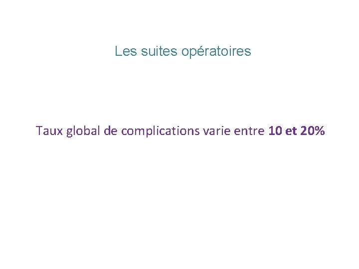 Les suites opératoires Taux global de complications varie entre 10 et 20% Les suites opératoires Taux global de complications varie entre 10 et 20%