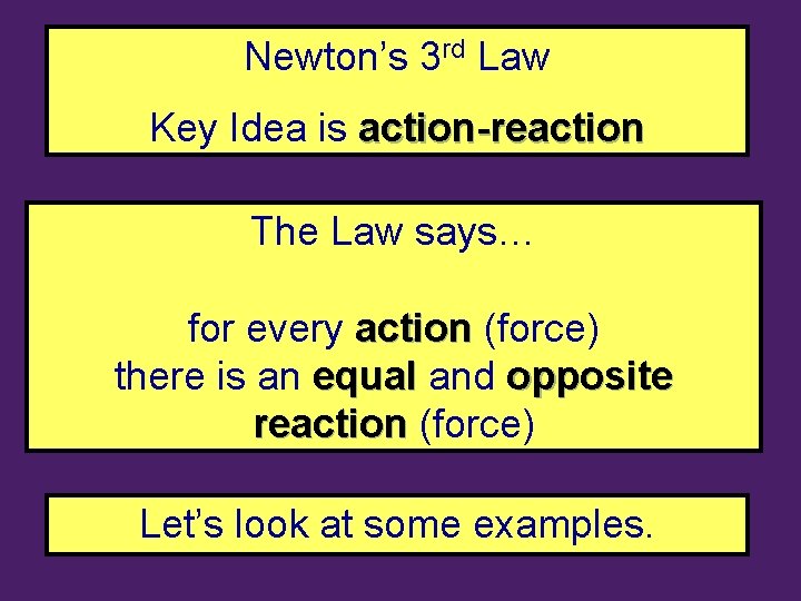 Newton’s 3 rd Law Key Idea is action-reaction The Law says… for every action