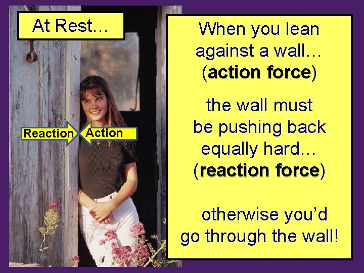 At Rest… Reaction Action When you lean against a wall… (action force) force the