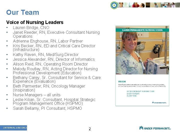 Our Team Voice of Nursing Leaders • • • • Lauren Bridge, CNO Janet