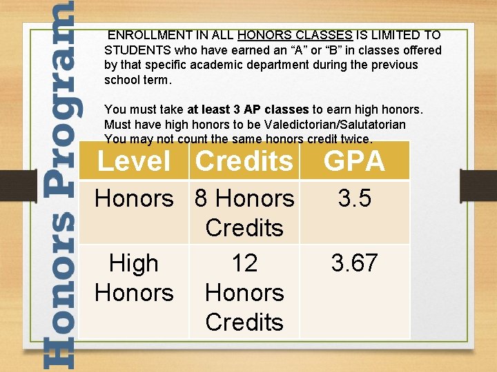 ENROLLMENT IN ALL HONORS CLASSES IS LIMITED TO STUDENTS who have earned an “A”