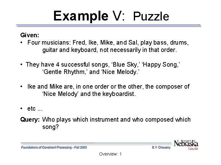 Example V: Puzzle Given: • Four musicians: Fred, Ike, Mike, and Sal, play bass,