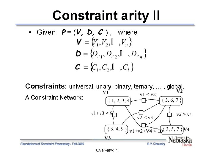 Constraint arity II • Given P = (V, D, C ) , where Constraints: