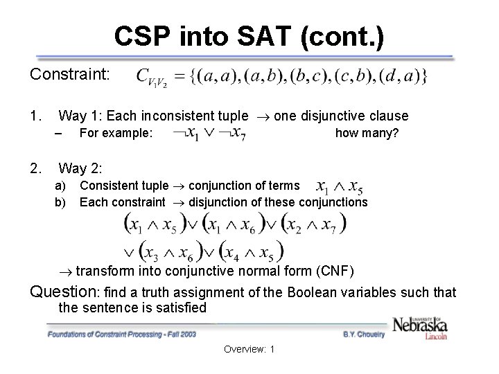 CSP into SAT (cont. ) Constraint: 1. Way 1: Each inconsistent tuple one disjunctive CSP into SAT (cont. ) Constraint: 1. Way 1: Each inconsistent tuple one disjunctive