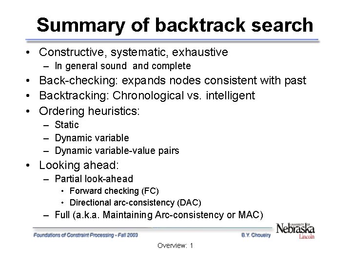 Summary of backtrack search • Constructive, systematic, exhaustive – In general sound and complete Summary of backtrack search • Constructive, systematic, exhaustive – In general sound and complete