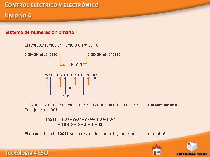 Sistema de numeración binario I Si representamos un número en base 10 dígito de