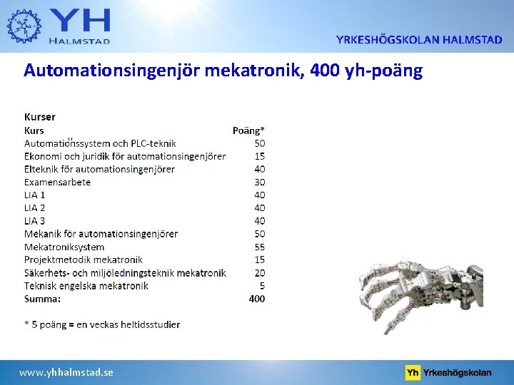 Automationsingenjör mekatronik, 400 yh-poäng www. yhhalmstad. se 