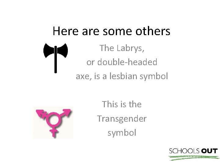 Here are some others The Labrys, or double-headed axe, is a lesbian symbol This