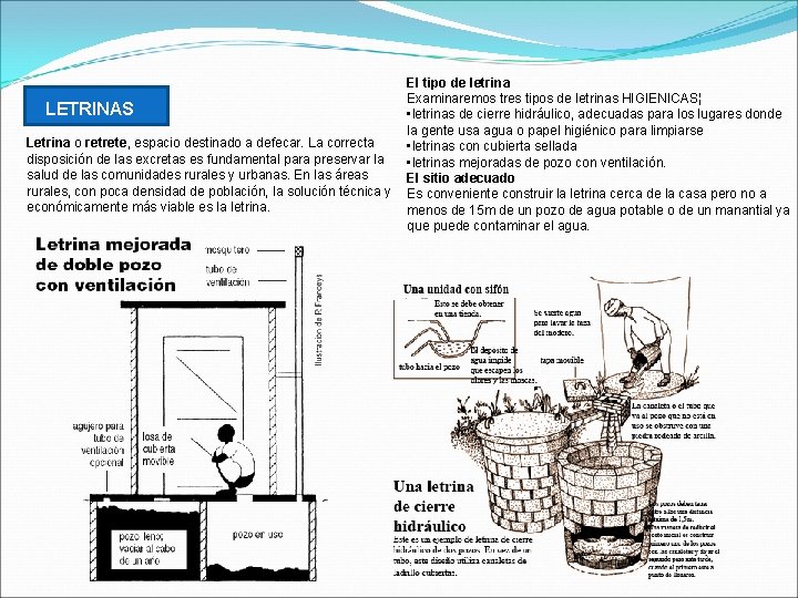  El tipo de letrina Examinaremos tres tipos de letrinas HIGIENICAS¦ LETRINAS • letrinas